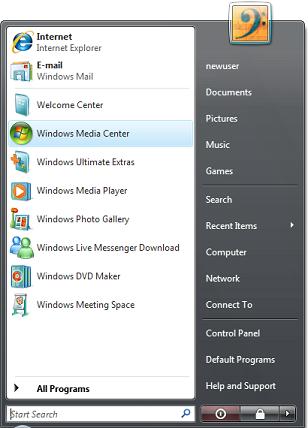 Start Menu for New User of Windows Vista Ultimate