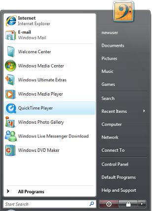 Initial Start Menu With QuickTime Set By OEM